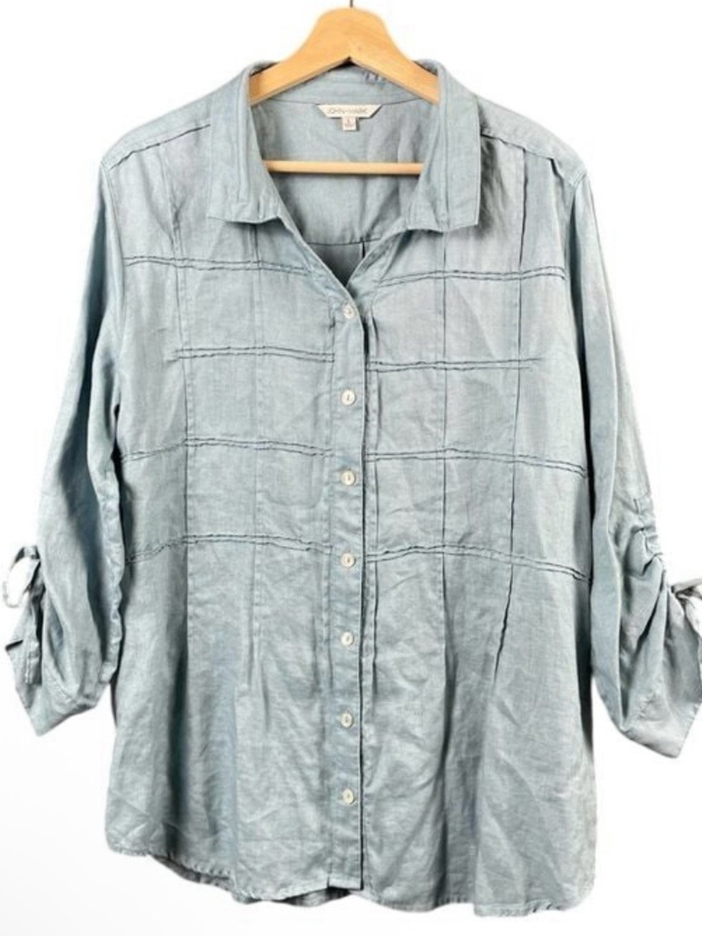 John Mark L Linen Cinch Sleeve Point Collar Pintuck Pleat Button Front Blouse